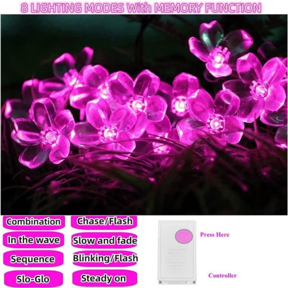 String Lights, Pink Lights Room Decor Flower String Lights 33 Feet 100LED 8 Mode - Picture 6 of 7